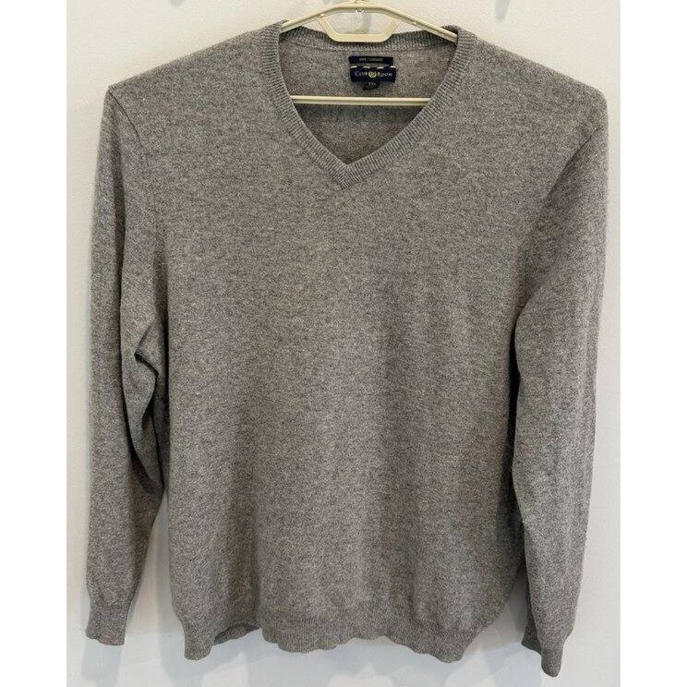 Club Room Mens 100% Cashmere Gray V Neck Long Sleeve Sweater Size XXL